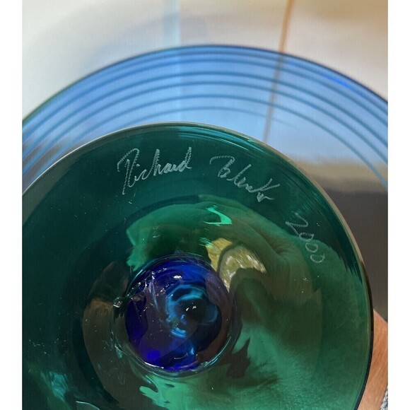 Signed Richard Blenko Art Glass Console Centerpiece - Blue/Green Designer Series - Picture 7 of 7